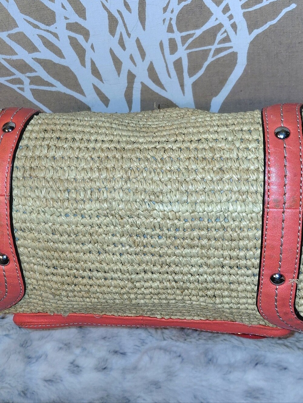 Coach Straw Tote Tangerine & Red Leather Trim Front Pocket L1269-22904 - Picture 7 of 12